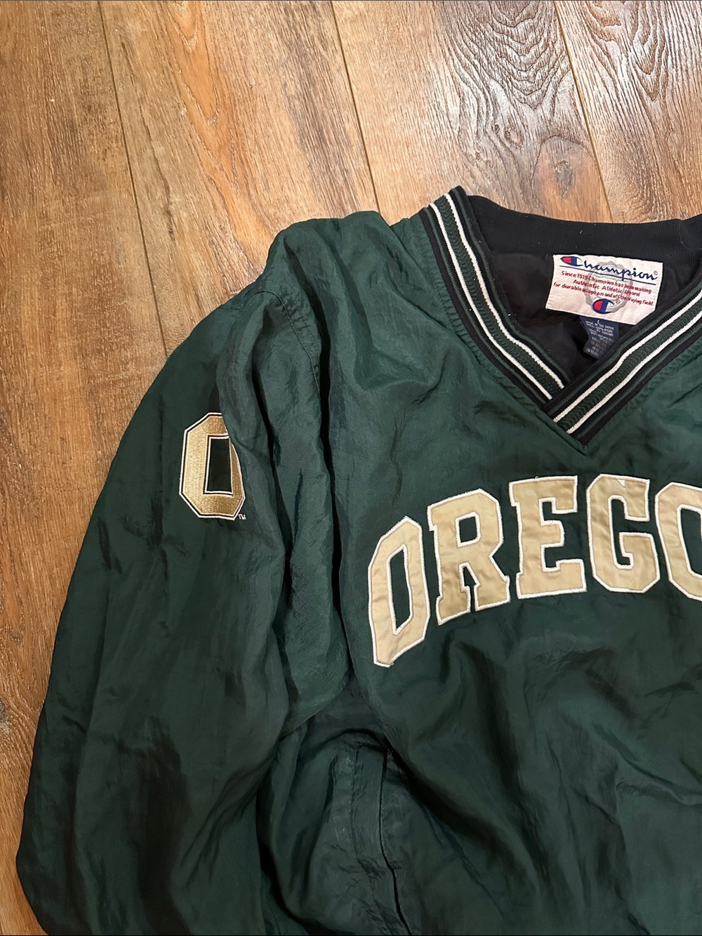 Champion Dark Green V-Neck Pullover Jacket with Striped Trim nylon size L OREGON - Picture 4 of 7